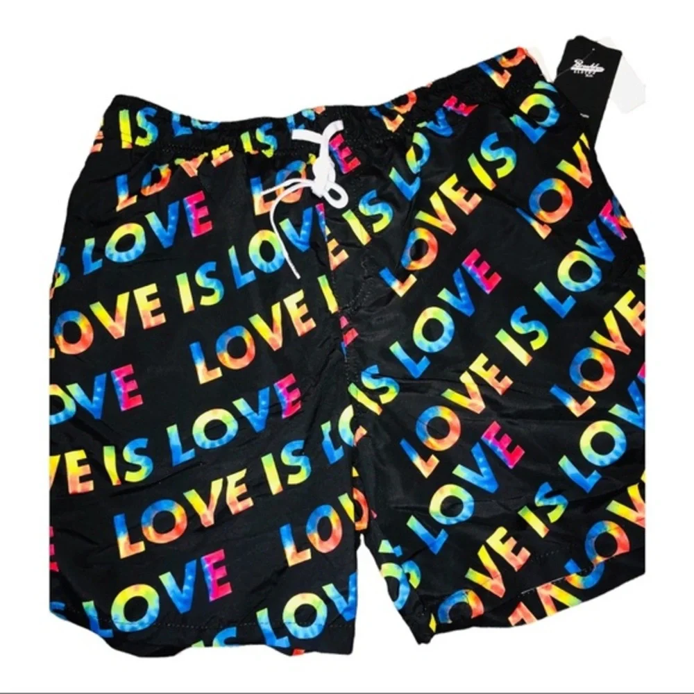 Black rainbow‎ printed ‘love is love’ men swim trunks New size large